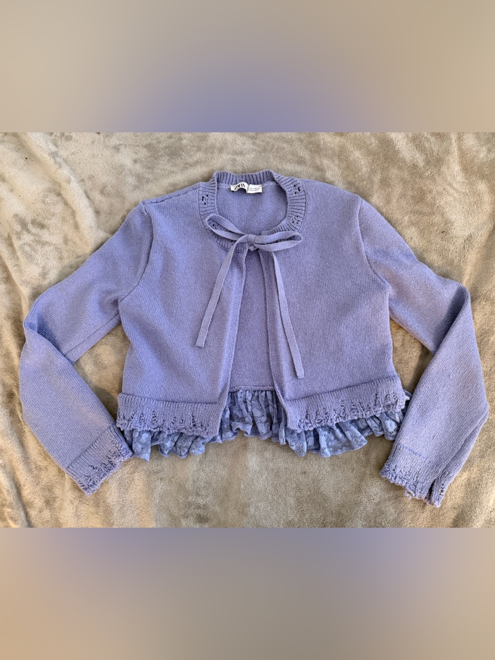 Zara Lavender Tie-Neck Ruffle Hem Sweater